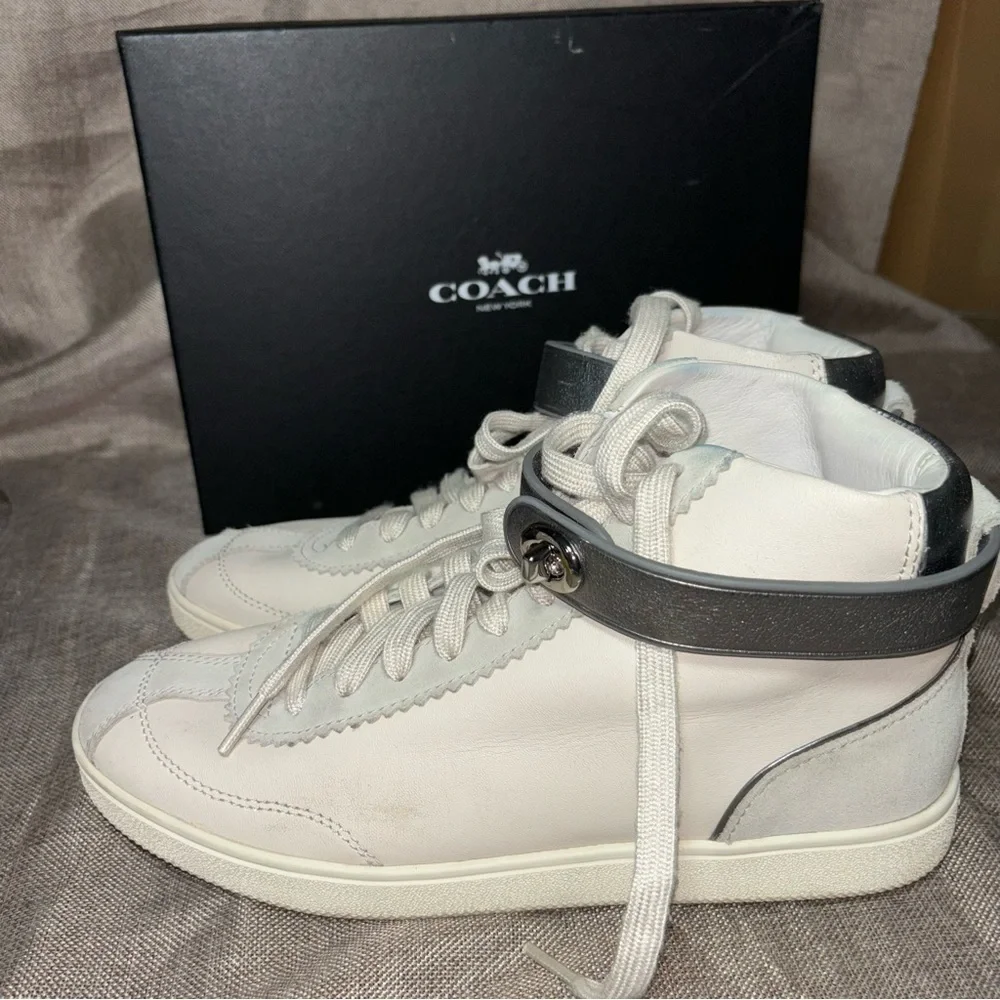 COACH® Sheep Nappa Suede High Top Sneakers White Metallic Silver C213 Size 7.5